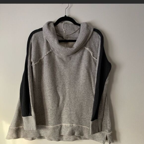 Free People grey sweater, black sleeve panels, cowl collar, distressed,ragged, S - Picture 6 of 15
